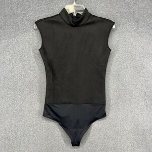 Spanx Faux Suede Mock Neck Bodysuit Womens S Black Sleeveless Slim Fit‎ Chic